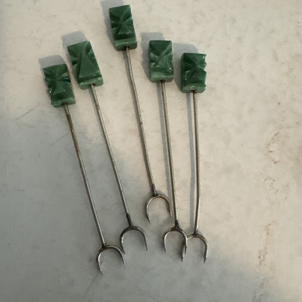 Set Of 5 Vintage Jade Carved Stone Head Hors d'Oeuvres Cocktail Forks‎ 3.5"